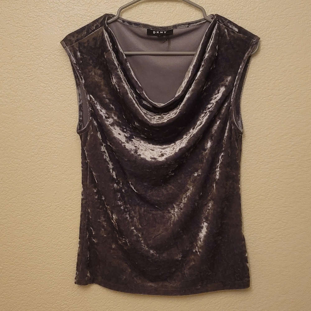DKNY Gray Silver Crushed Velvet Sleeveless Cowl Neck Stretch Blouse Top Sz S